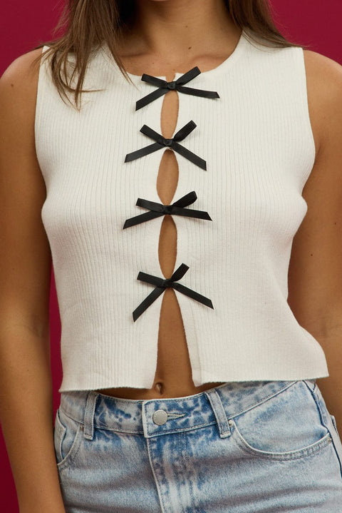 White Knit Top Sleeveless Front Ribbon