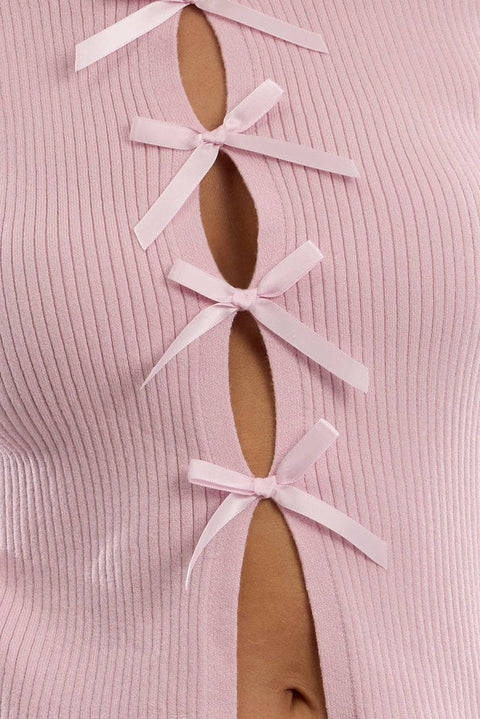 Pink Knit Top Sleeveless Front Ribbon