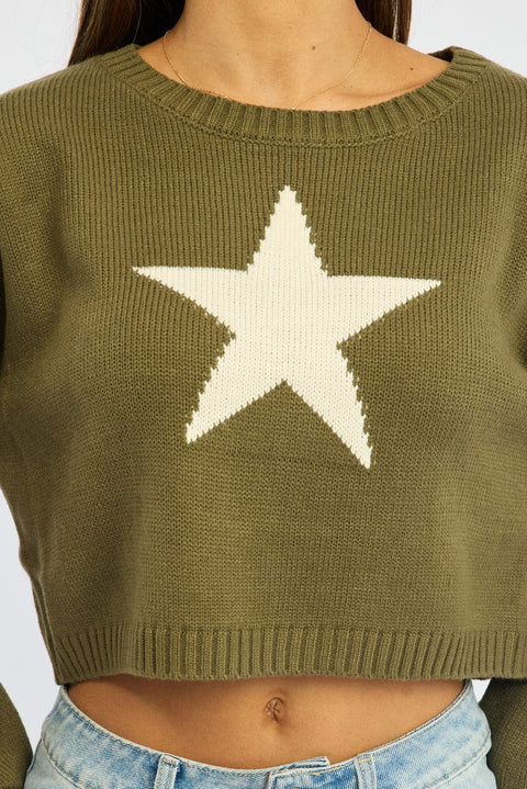 Green Star Knit Jumper Long Sleeve