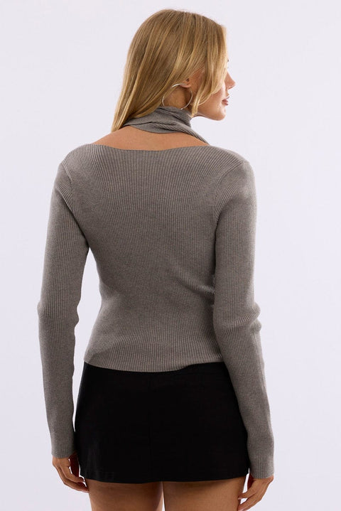 Grey Knit Top Long Sleeve Scarf
