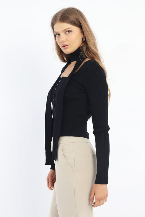 Black Knit Top Long Sleeve Scarf