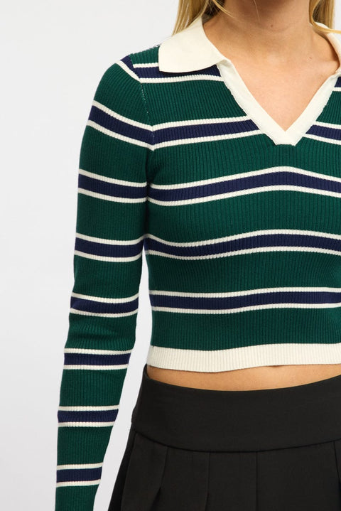 Green Stripe Knit Top Long Sleeve Collar