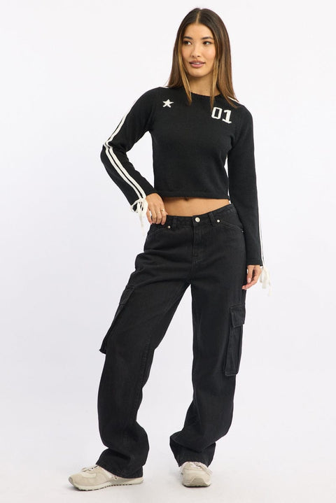 Black Crop Knit Top Long Sleeve Varsity Contrast Trim