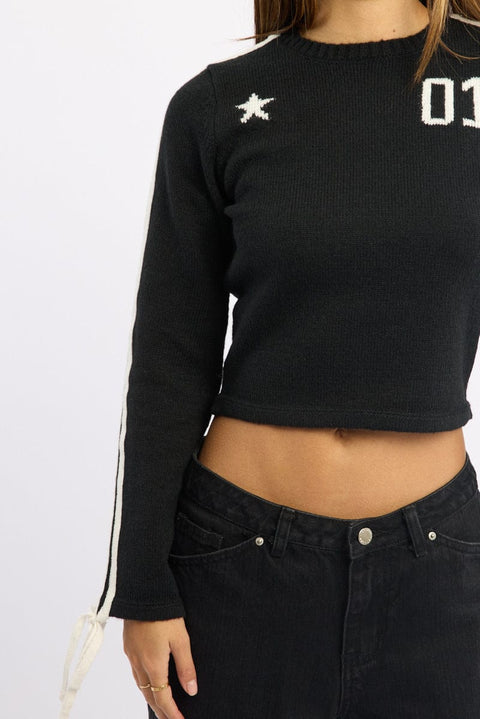 Black Crop Knit Top Long Sleeve Varsity Contrast Trim