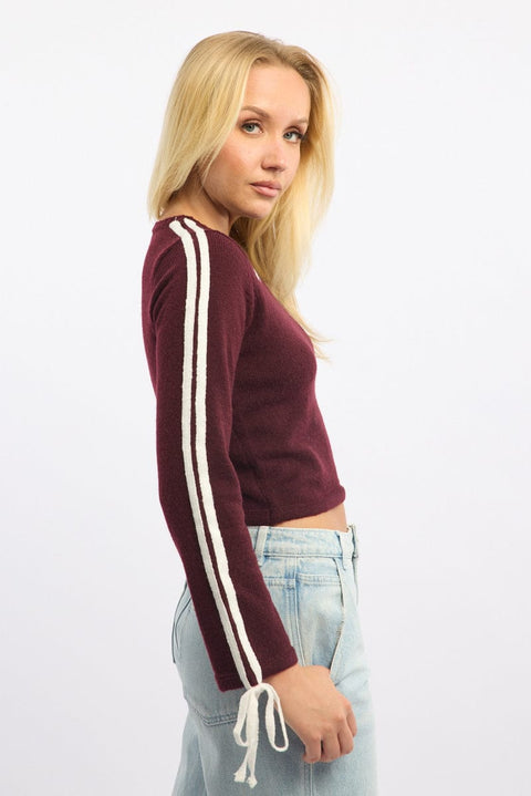 Red Crop Knit Top Long Sleeve Varsity Contrast Trim