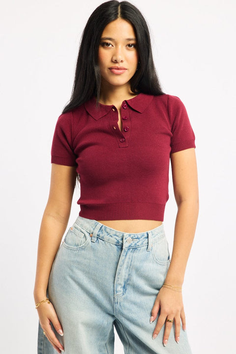 Red Knit Top Short Sleeve Polo Collar
