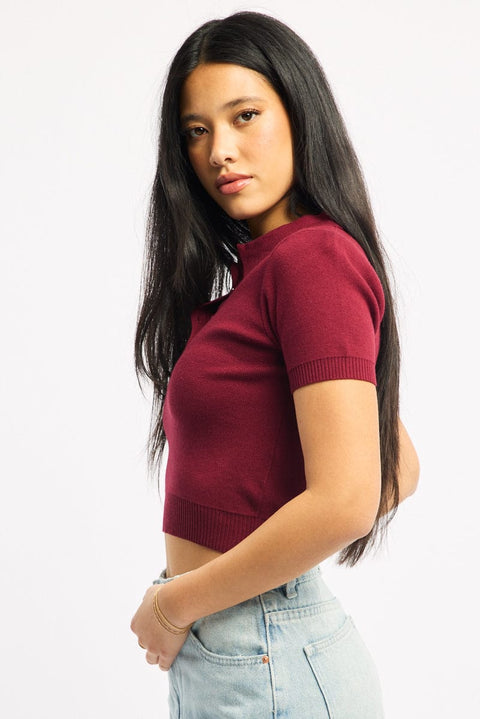 Red Knit Top Short Sleeve Polo Collar