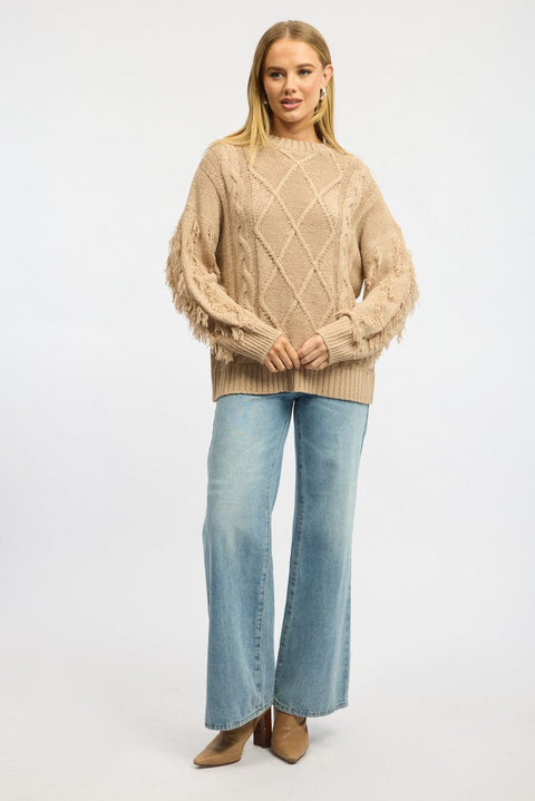 Beige Cable Knit Jumper High Neck