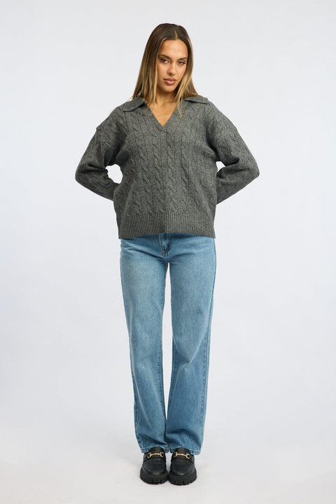 Grey Cable Knit Jumper V-neck