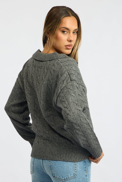 Grey Cable Knit Jumper V-neck