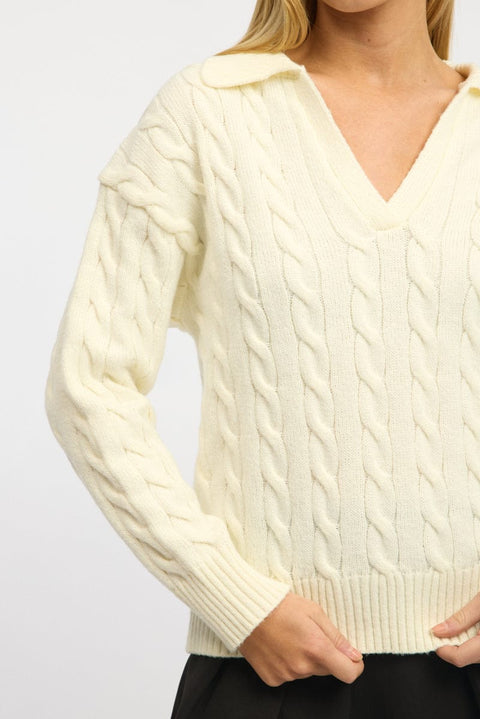 White Cable Knit Jumper V-neck