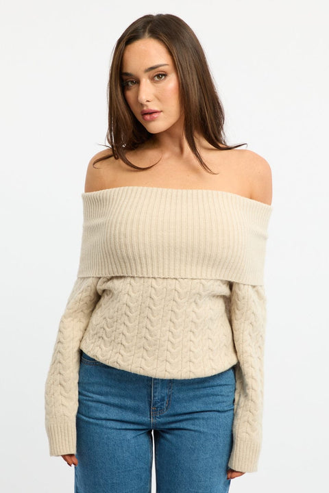 Beige Bardot Knit Top Long Sleeve Cable