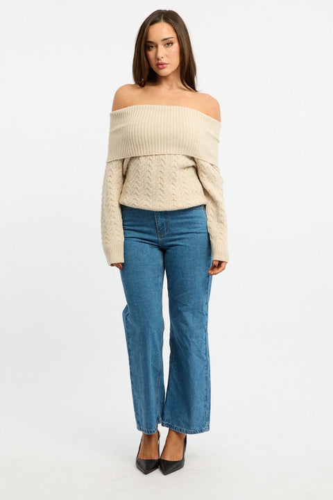 Beige Bardot Knit Top Long Sleeve Cable