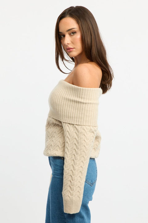 Beige Bardot Knit Top Long Sleeve Cable