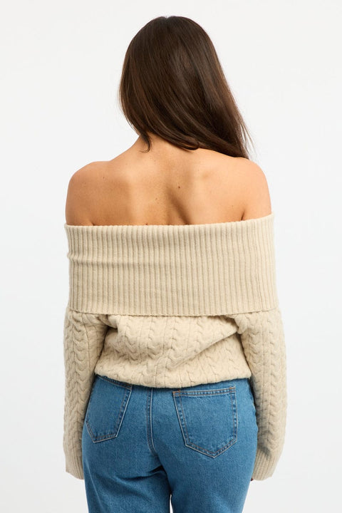 Beige Bardot Knit Top Long Sleeve Cable