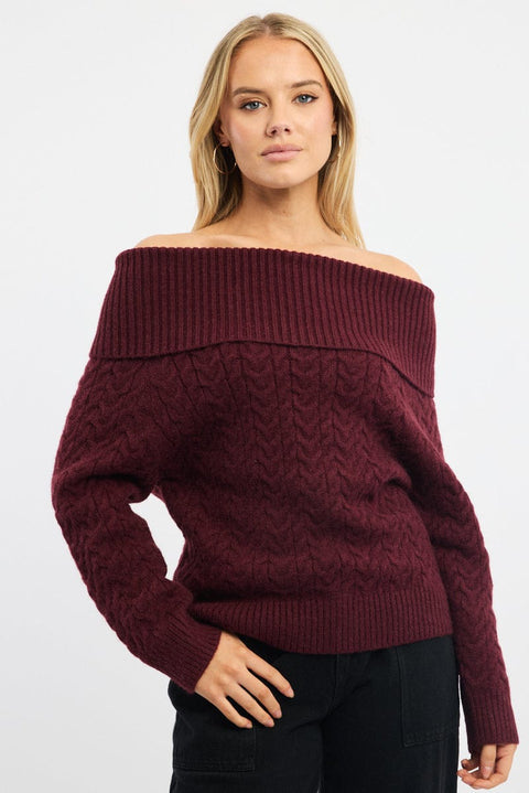 Red Bardot Knit Top Long Sleeve Cable
