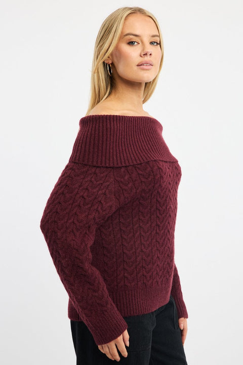 Red Bardot Knit Top Long Sleeve Cable