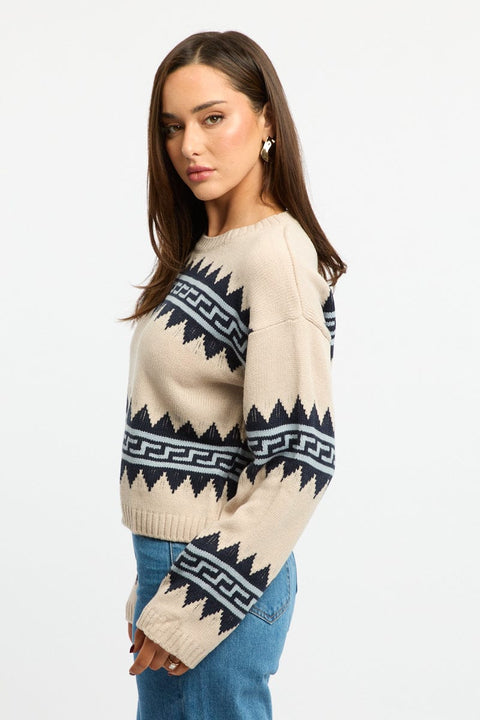 Beige Aztec Jumper Long Sleeve Crew Neck