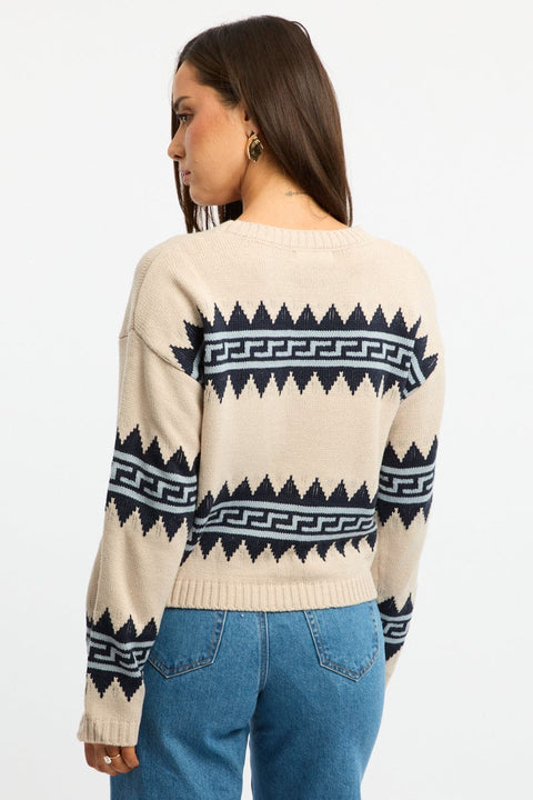 Beige Aztec Jumper Long Sleeve Crew Neck
