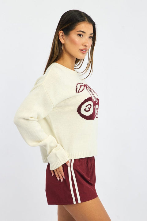 White Cherry Knit Top Long Sleeve