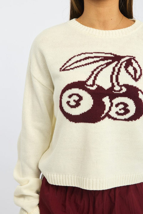 White Cherry Knit Top Long Sleeve