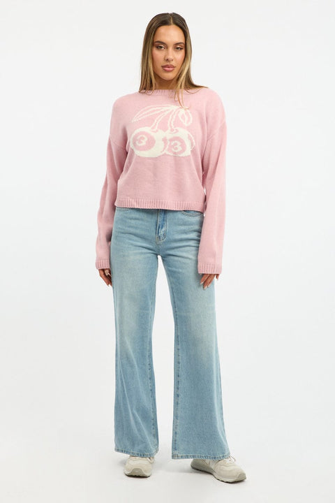 Pink Cherry Knit Top Long Sleeve