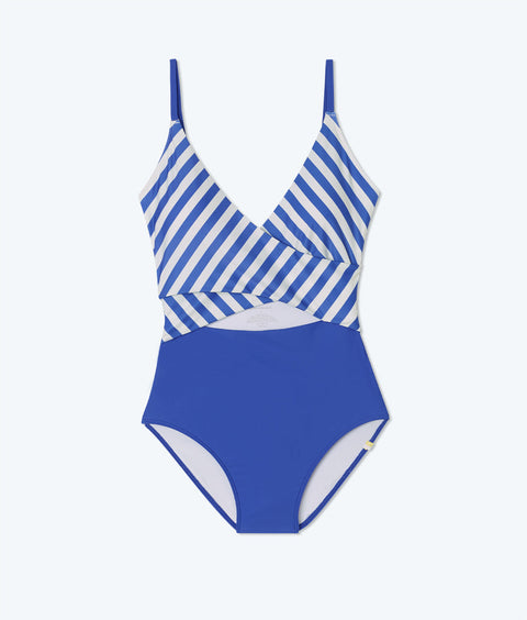 The Sea Breeze Cutout One-Piece - Mixed Stripe in Hydrangea & White Sand