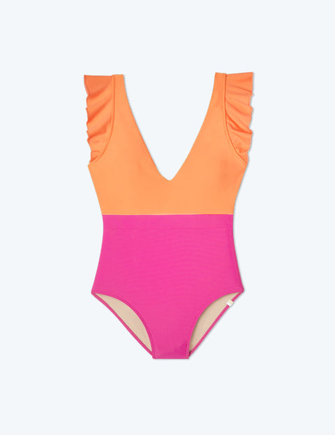 The Long Torso Ruffle Backflip - Hibiscus & Tangerine