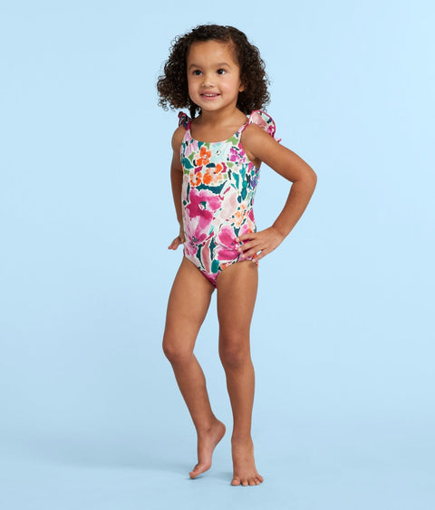 The Girls' Ruffle One Piece - Watercolor Floral in Strawberry