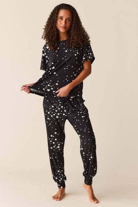 Maddie Cloud Jersey PJ Set in Black Stars