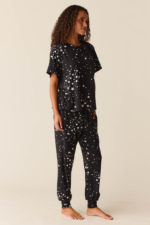 Maddie Cloud Jersey PJ Set in Black Stars