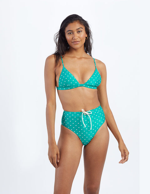 The Lace-Up High Leg High Rise Bikini Bottom - Seaglass Dot