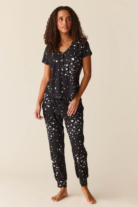 Nadia Cloud Jersey PJ Set in Black Stars