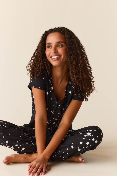Nadia Cloud Jersey PJ Set in Black Stars