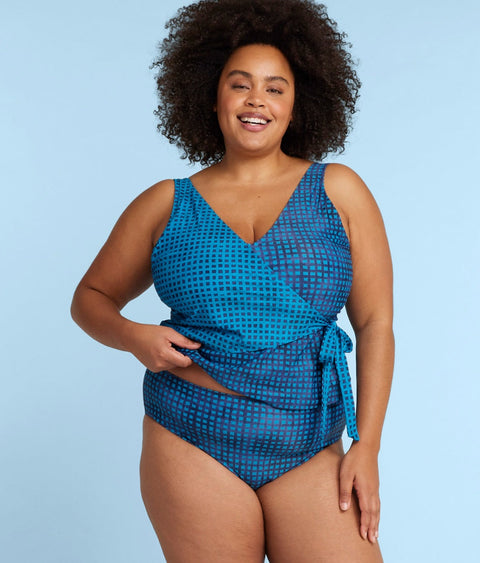 The Perfect Wrap Tankini - Mixed Gingham in Calypso & Deep Sea