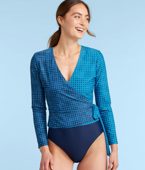 The Perfect Wrap Long Sleeve Cover-Up - Mixed Gingham in Calypso & Deep Sea