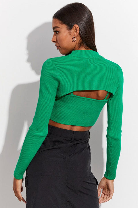 Green Knitted Cami Top And High Neck Shrug Set
