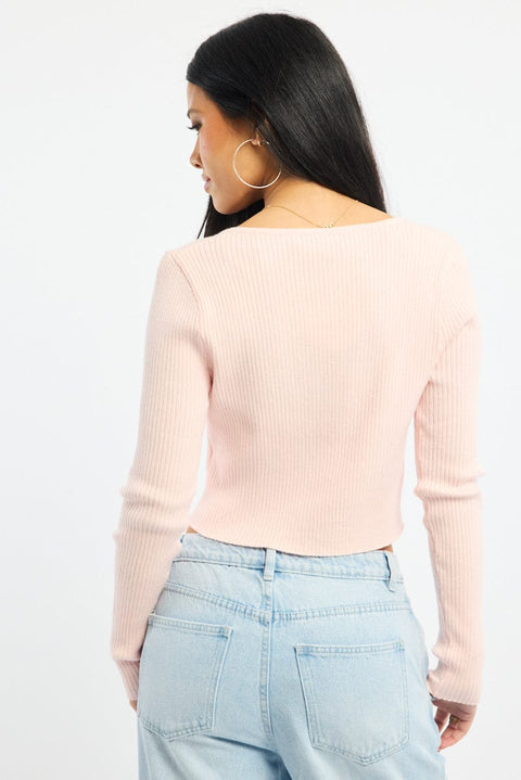 Pink Knit Top Long Sleeve Front Ribbon