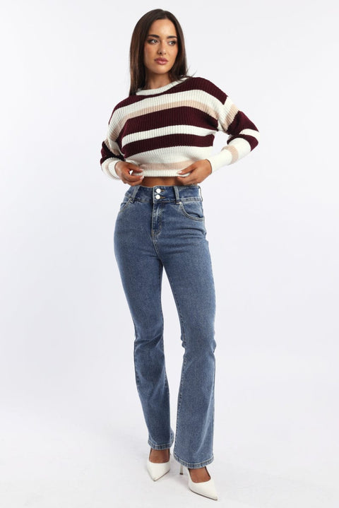 Red Stripe Knit Top Long Sleeve Color Block
