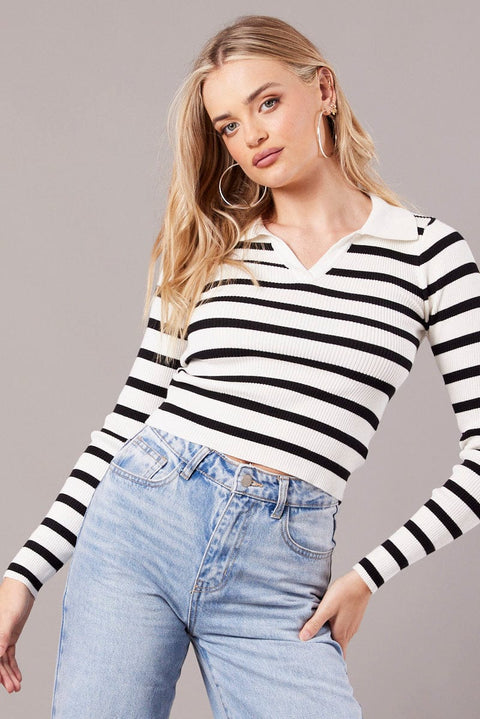 White Stripe Knit Top Long Sleeve Collared
