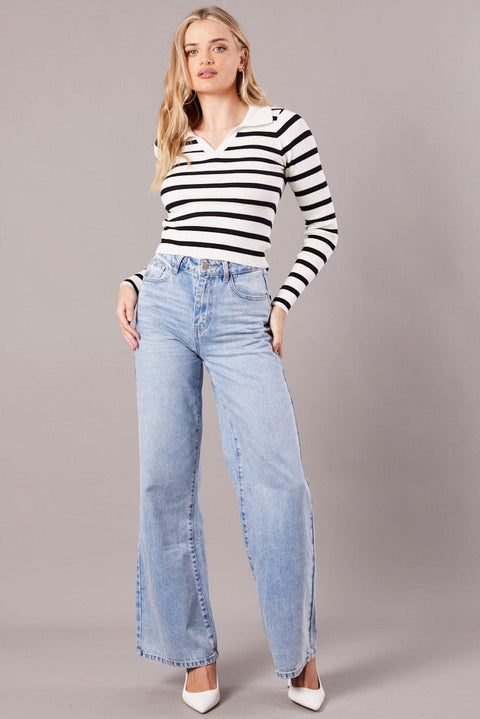 White Stripe Knit Top Long Sleeve Collared