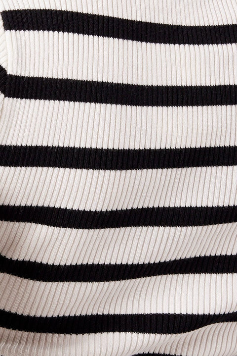 White Stripe Knit Top Long Sleeve Collared