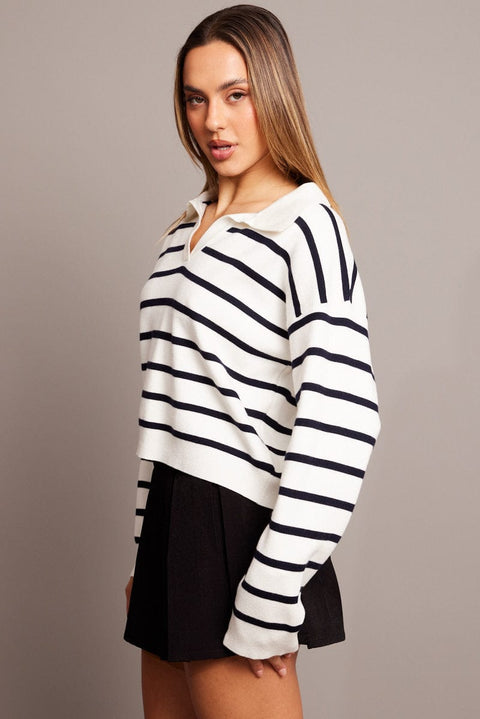 White Stripe Knit Top Long Sleeve Collar