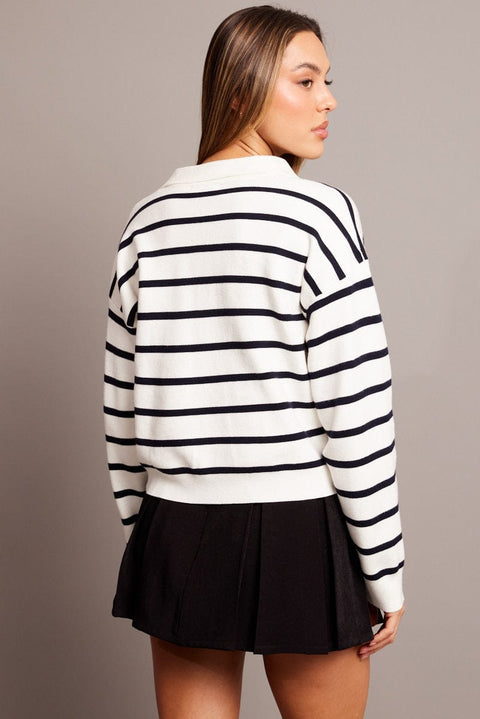 White Stripe Knit Top Long Sleeve Collar