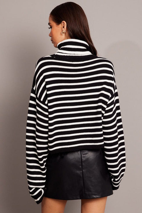 Black Stripe Knit Top Long Sleeve High Neck