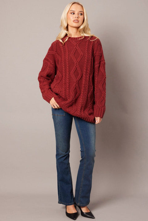 Brown Cable Knit Top Long Sleeve Longline