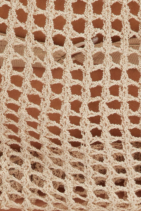 Beige Crochet Knit Top Long Sleeve Square Neck