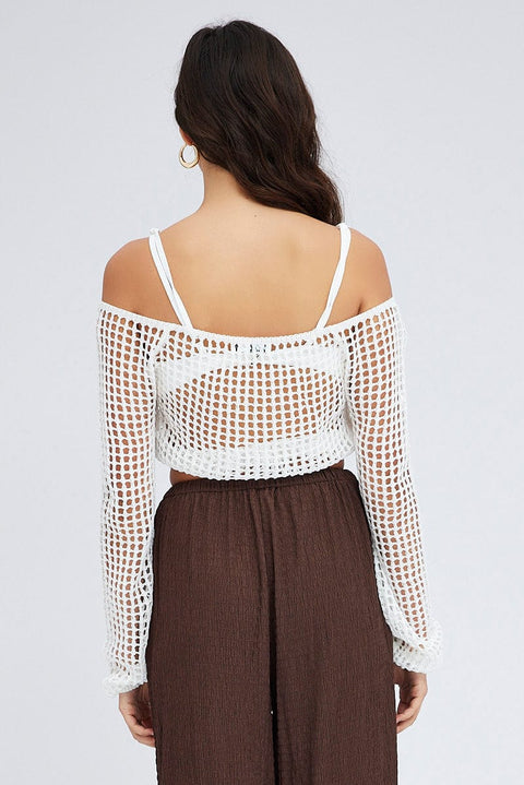 White Crochet Knit Top Long Sleeve Square Neck