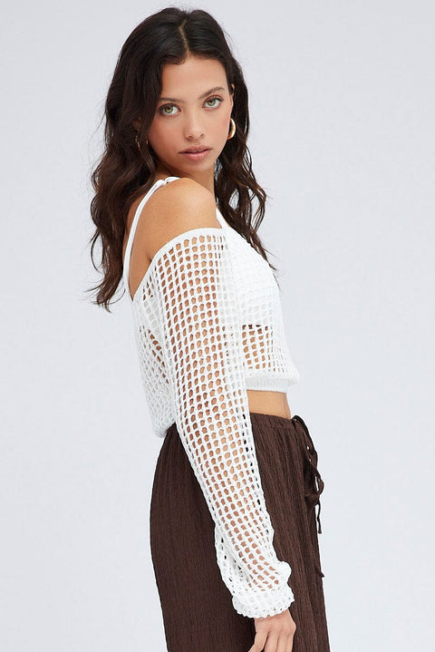 White Crochet Knit Top Long Sleeve Square Neck