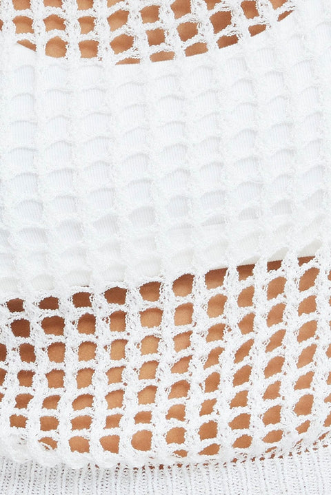 White Crochet Knit Top Long Sleeve Square Neck